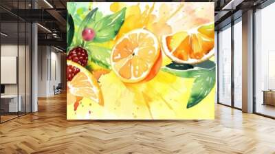 Vibrant Watercolor Summer Fruits Abstract Background: Juicy Citrus Medley for Healthy Living. Fresh Tropical Artwork Celebrating Seasonal Organic Produce, Perfect for Marketing Campaigns, Restaurant D Wall mural