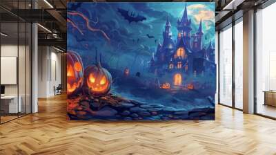 Whimsical Halloween Illustration: Eerie Pumpkin Castle Looms in Darkness, Surrounded by Cartoon-Style Children in Costumes. Spooky Yet Playful Scene Perfect for Holiday Decorations, Invitations, or Ch Wall mural