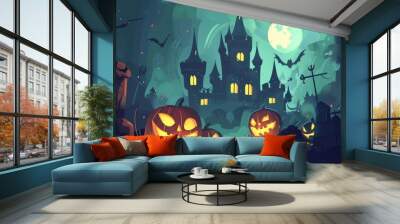 Whimsical Halloween Illustration: Eerie Pumpkin Castle Looms in Darkness, Surrounded by Cartoon-Style Children in Costumes. Spooky Yet Playful Scene Perfect for Holiday Decorations, Invitations, or Ch Wall mural