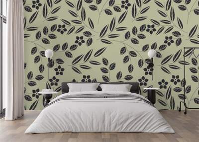 Seamless pattern with flowers and leaves isolated on green backg Wall mural