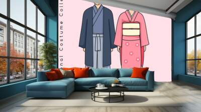 Cute Asian couple with traditional clothes : Vector Illustration Wall mural