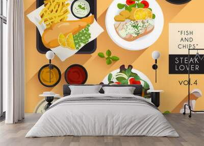 food illustration : steak : fish and chips Wall mural