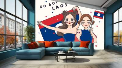 Two pretty girls holding national flag : vector Illustration Wall mural