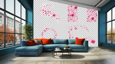 Sakura petals compositions set. Flower decoration on transparent png background. Swirl, wave, side area, round, horizontal and vertical, corner. Stock vector illustration in realistic style. Wall mural