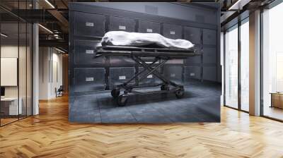 A deceased person lying on a table in a morgue, covered with a white sheet Wall mural