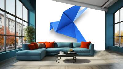 Blue paper dove origami isolated on a white background Wall mural