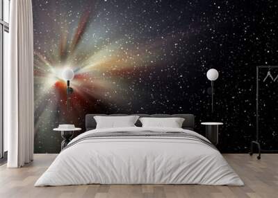 Burst of light in space. Night black starry sky horizontal background banner Wall mural