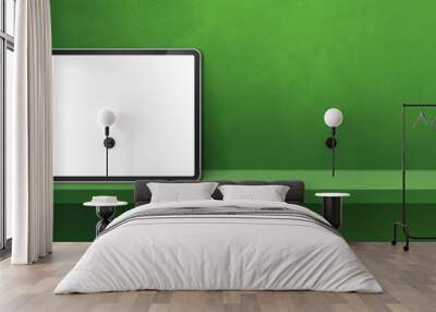 Digital tablet pc on green wall shelf. Background banner Wall mural