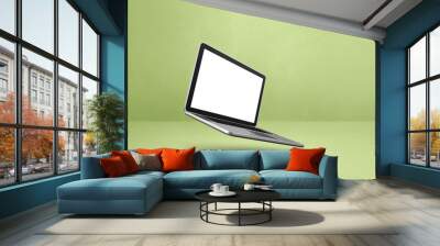 Floating computer laptop isolated on green. Horizontal background Wall mural