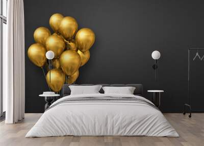 Gold balloons bunch on a black wall background. Horizontal banner. Wall mural