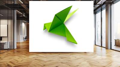 Green paper dove origami isolated on a white background Wall mural