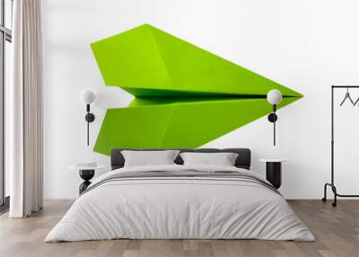 Green paper plane origami isolated on a white background Wall mural