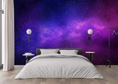 Night starry sky and bright purple blue galaxy, horizontal background Wall mural