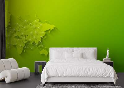 World map and digital network illustration on a green background. Horizontal banner Wall mural