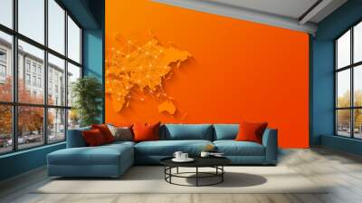 World map and digital network illustration on orange background. Horizontal banner Wall mural