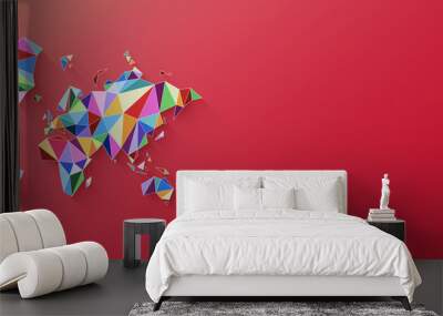 World map shape made of colorful polygons. 3D illustration on a pink background. Horizontal banner Wall mural