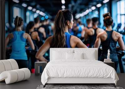 A busy gym scene with people working out on treadmills, focusing on their fitness routines in a well-equipped, modern fitness center with high-end amenities and equipment. Wall mural