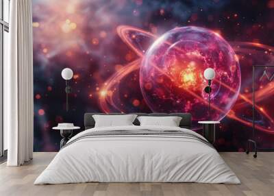 A captivating digital illustration of an atom-like structure with vibrant pink and orange hues among stardust, depicting energy and science concepts Wall mural