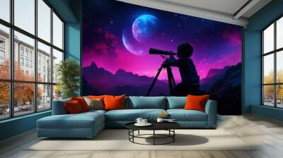 A child is seen using a telescope under a brilliantly lit, surreal night sky featuring two moons, with mountains silhouetted in the background and a mix of colorful lights. Wall mural