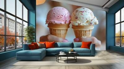 A close-up image of an individual holding two ice cream cones with scoops of colorful, delicious ice cream, representing a moment of joy and indulgence on a sunny day. Wall mural