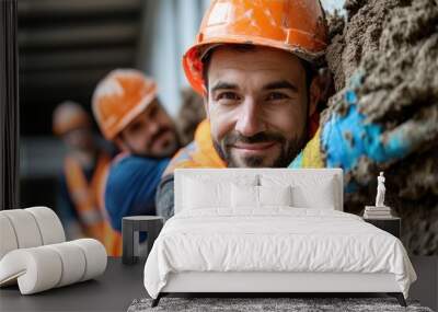 A construction worker in a safety helmet and gear smiles at the camera, with colleagues in the background, epitomizing teamwork and dedication in the industry. Wall mural