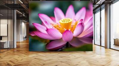 A detailed close-up of a stunning pink and yellow lotus flower in full bloom, showcasing nature's beauty and tranquility with delicate textures. Wall mural