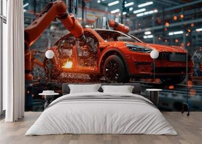 A dynamic scene of a red car in an industrial setting being assembled by vibrant orange robotic arms, symbolizing the cutting-edge advancements in automotive manufacturing and technology. Wall mural