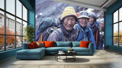 a group of rugged men, clad in outdoor gear and sturdy jackets, stand atop a mountain with determina Wall mural