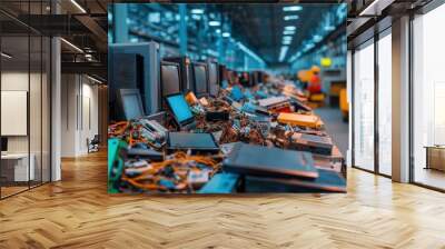 A large heap of electronic devices and components lies ready for processing in an extensive electronics recycling plant, highlighting modern waste management and recycling efforts. Wall mural