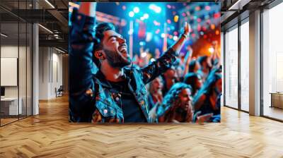 A lively concert scene featuring a cheering crowd immersed in vibrant lights, capturing the excitement and energy of the live music performance. Wall mural