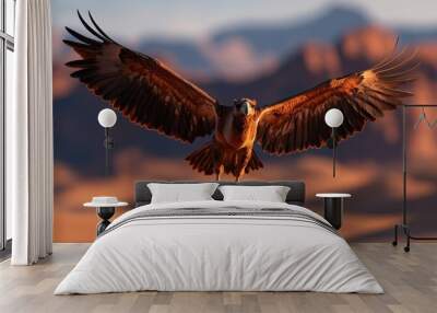 A magnificent eagle in flight against a stunning background of the desert during sunset. Themes of freedom, beauty, and nature's grandeur in a serene setting unfold. Wall mural