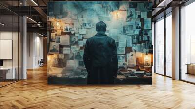 A man stands surrounded by a plethora of photos and notes, creating a sense of mystery and investigation in a dim room Wall mural