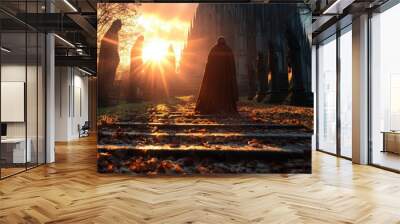 A mysterious cloaked figure stands among ancient statues in a sunlit, serene setting, capturing a moment of mystery, history, and solitude at dusk. Wall mural