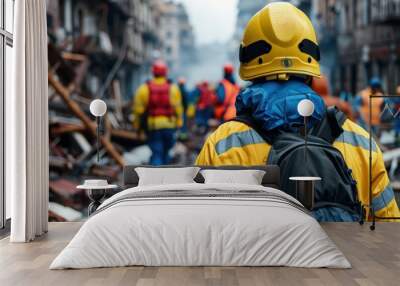 A rescue worker wearing a yellow helmet and jacket is seen from the back as they navigate through a disaster area, showcasing the dedication and bravery of first responders. Wall mural