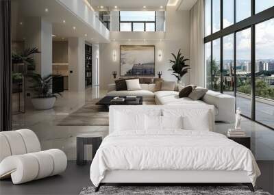 A spacious modern living room featuring large windows showcasing a stunning city view, sleek furniture, and elegant decor blending comfort with contemporary style. Wall mural