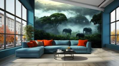 A stunning view at dawn of a herd of elephants walking through the misty forest, highlighting the beauty and majesty of these magnificent creatures in their natural habitat. Wall mural