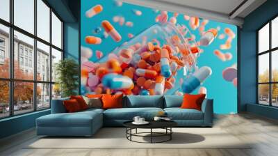 A vibrant explosion of colorful pills cascades from a glass jar, tempting like candy but hiding the potential for destruction Wall mural