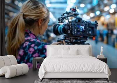 A woman is seen operating a professional camera with a large lens in an indoor setting, focusing intently on capturing the perfect shot amidst a brightly lit environment. Wall mural