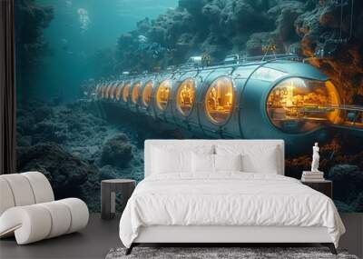 An advanced underwater research station situated amongst vibrant coral reefs, equipped with modern facilities and illuminated interiors, highlighting marine exploration. Wall mural