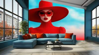 An elegant woman wearing a bold red outfit paired with a matching wide-brimmed hat and stylish sunglasses, standing against a vibrant background, exuding confidence and poise. Wall mural