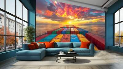 cargo ship laden with multicolored containers crossing the ocean against a dramatic fiery sunset sky Wall mural