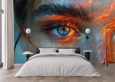 Detailed close-up of a blue eye surrounded by ethereal orange and red lights, highlighting human beauty and the blend of natural and artificial light elements. Wall mural