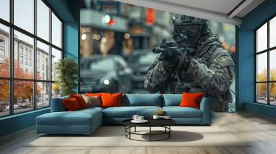 Detailed image of a camouflaged soldier holding a rifle, evoking tension and readiness in an urban setting Wall mural