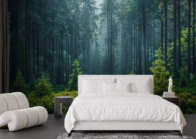 lush green forest scenery with a hazy atmosphere, creating a serene and mysterious woodland landscap Wall mural