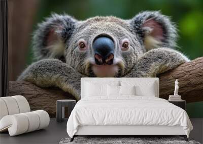 This image features a cute koala lounging on a tree branch, showcasing its adorable face and curious demeanor, capturing the essence of Australian wildlife charm. Wall mural