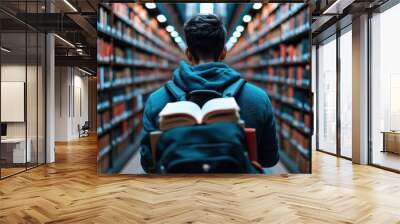 This image shows a student with a backpack and an open book inside an immense library aisle, symbolizing the pursuit of knowledge and learning amidst countless bookshelves. Wall mural