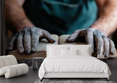 Two hands, covered in dust, open an old book with textured pages, representing the enduring allure and wisdom of printed literature through time and preservation. Wall mural