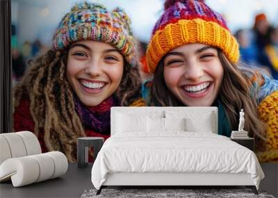 Two sisters wearing chunky knitted hats and sweaters, smiling warmly while enjoying a day out in the cold, reflecting sibling love and warmth. Wall mural