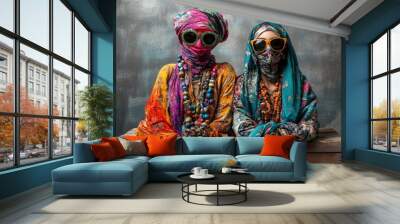 Two women dressed in vibrant, traditional attire adorned with an array of colorful beads, standing against a textured backdrop that emphasizes their ornamental styles. Wall mural