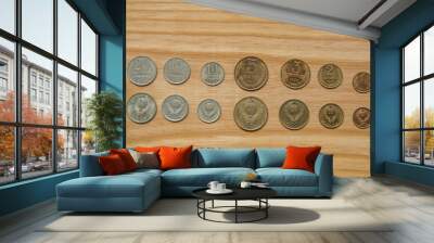 Old soviet coins on a wooden background Wall mural